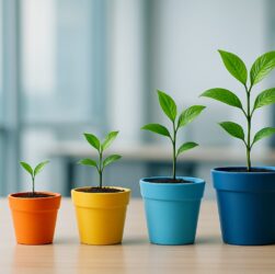 Four potted plants of varying heights on a wooden table, symbolizing growth.