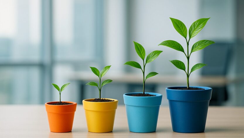 Four potted plants of varying heights on a wooden table, symbolizing growth.
