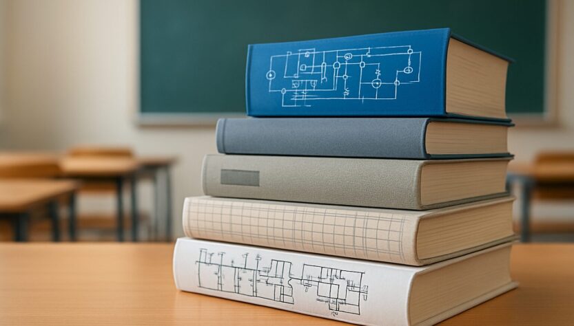Stack of technical books with diagrams on the covers in a classroom setting