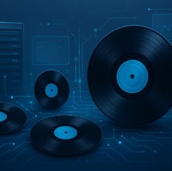 Digital illustration of vinyl records on a circuit board background, representing music collections and technology.
