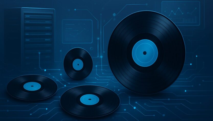 Digital illustration of vinyl records on a circuit board background, representing music collections and technology.