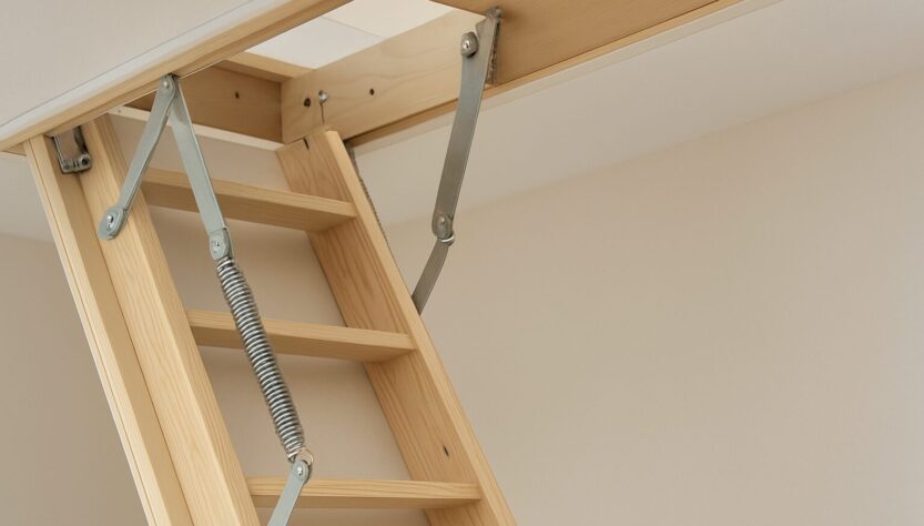 Close-up of a loft ladder mechanism showing steps and springs
