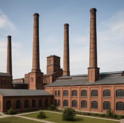 an old factory building with tall smokestacks against a clear sky