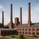 an old factory building with tall smokestacks against a clear sky
