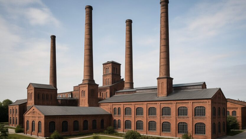 an old factory building with tall smokestacks against a clear sky