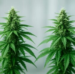 Two cannabis plants showcasing distinct differences in growth and foliage
