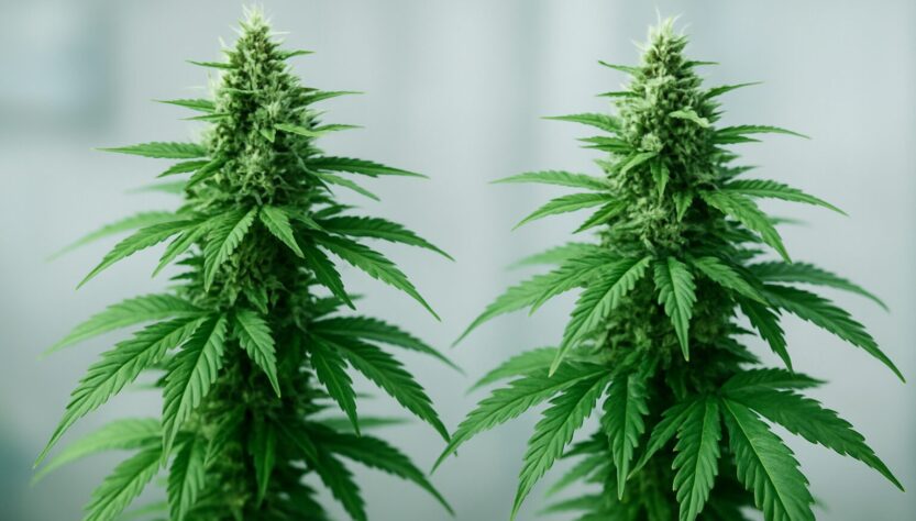 Two cannabis plants showcasing distinct differences in growth and foliage
