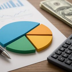 Close-up of a pie chart made of colored materials on a paper with a pen, calculator, and cash in the background, symboli