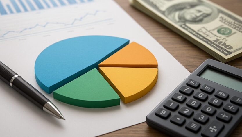 Close-up of a pie chart made of colored materials on a paper with a pen, calculator, and cash in the background, symboli